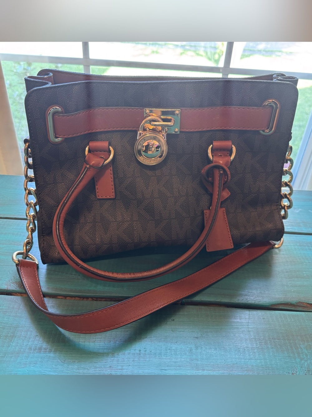 Michael Kors Brown/Chestnut MK Monogram Satchel with Gold Hardware
